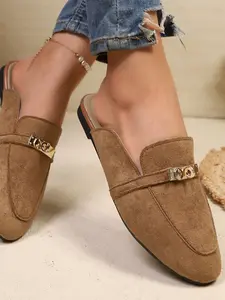 Velvet Metal Buckle Slip-On Mules, Comfortable Half-Open Design, Ideal for Casual Wear, Stylish Footwear for Everyday Use