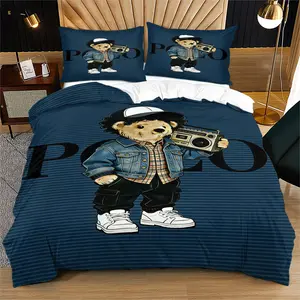 Bear print pattern duvet cover set, including 1 duvet cover and 1 or 2 pillowcases, without a core or pillow, suitable for bedroom or dormitory bedding set, suitable for gift giving or personal use