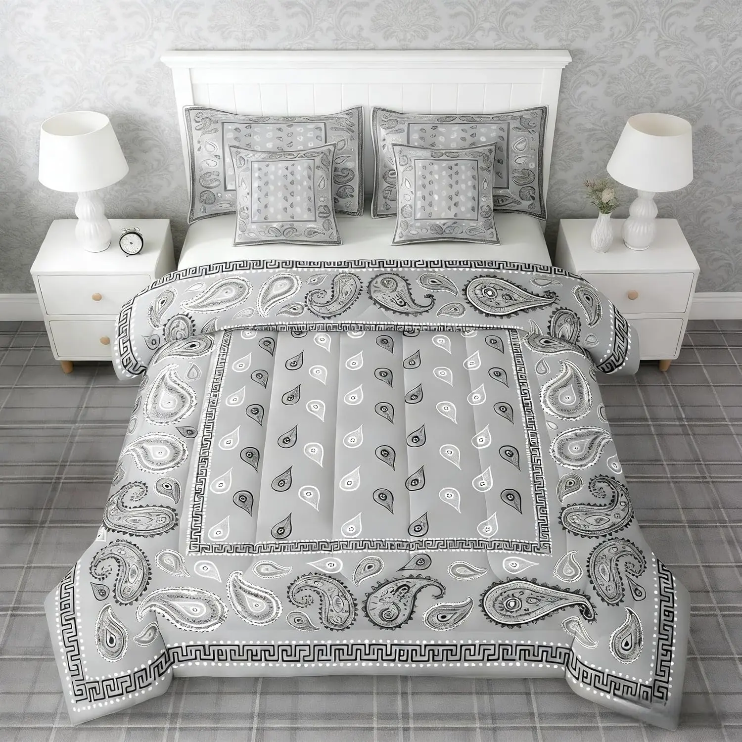 Grey Bandana 7pcs Comforter Set,Bohemian Paisley Bandanas Bedding Set for All Season,Boho Chic Floral Bed in A Bag with Comforter,Sheets and Pillowcases,Women Man Room Decor
