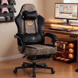 GTPLAYER Gaming Chair with Leopard Print Cat, Cute Velvet Fabric Ergonomic Office Chair with Footrest Headrest and Lumbar Support, Big and Tall Comfortable Video Gamer Chair for Women Gift