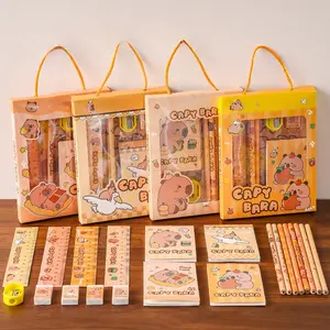 Six piece simple stationery gift set including ruler, pencil, eraser, notebook, sharpener, themed with capybara pattern, minimalist cute style, 4 random designs, DIY learning portable six piece stationery set