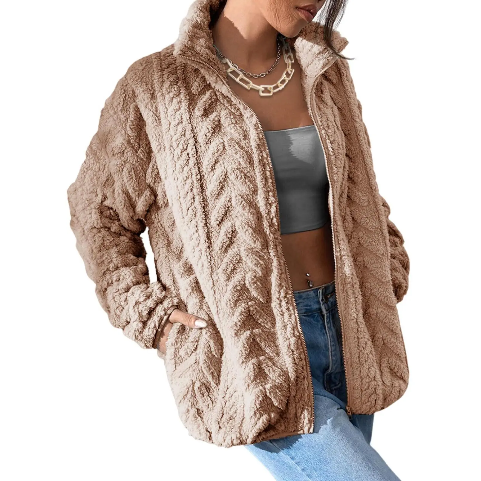 Dokotoo Winter Fleece Jacket for Women Zipper Up Zip Up Stand Collar with Pockets Coats Medium Light French Beige