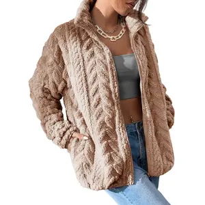 Dokotoo Winter Fleece Jacket for Women Zipper Up Zip Up Stand Collar with Pockets Coats Medium Light French Beige