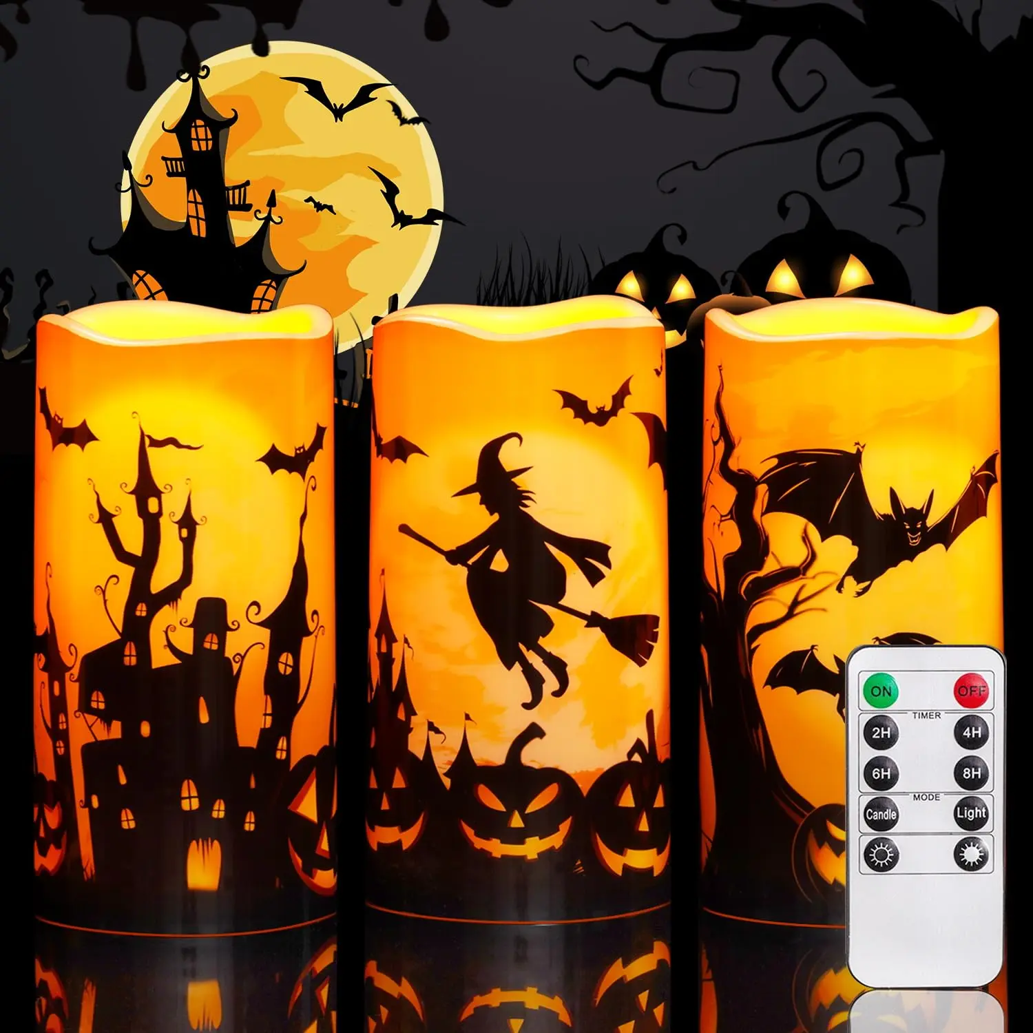 3PCS Halloween Candles, Orange Flameless Candles, Outdoor Waterproof Printed Decals Battery Operated LED Pillar Candles with Remote Timers for Fall Festival Spooky Decor, 3”x6”, Plastic,【Back to School】#homeessentials #TikTokShopBackToSchool