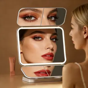 LED Tri-Fold Vanity Mirror Adjustable Rotation 2X/3X Magnification Touch Dimmable Warm White Natural Light Leather Finish Rechargeable Portable Makeup Mirror with Storage for Women Home & Salon Use Magnifying Mirror
