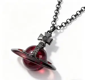 Burgundy Red Round Pendant Necklace | Gunmetal Black Chain | Low Irritation Daily Waterproof Fashion Jewelry for Women Daily Wear Date Gift