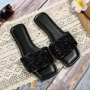 Women's FaTKDJFion Forward Slippers Black Rhinestone Slide Sandals Elegant Indoor Outdoor TKDJFoes