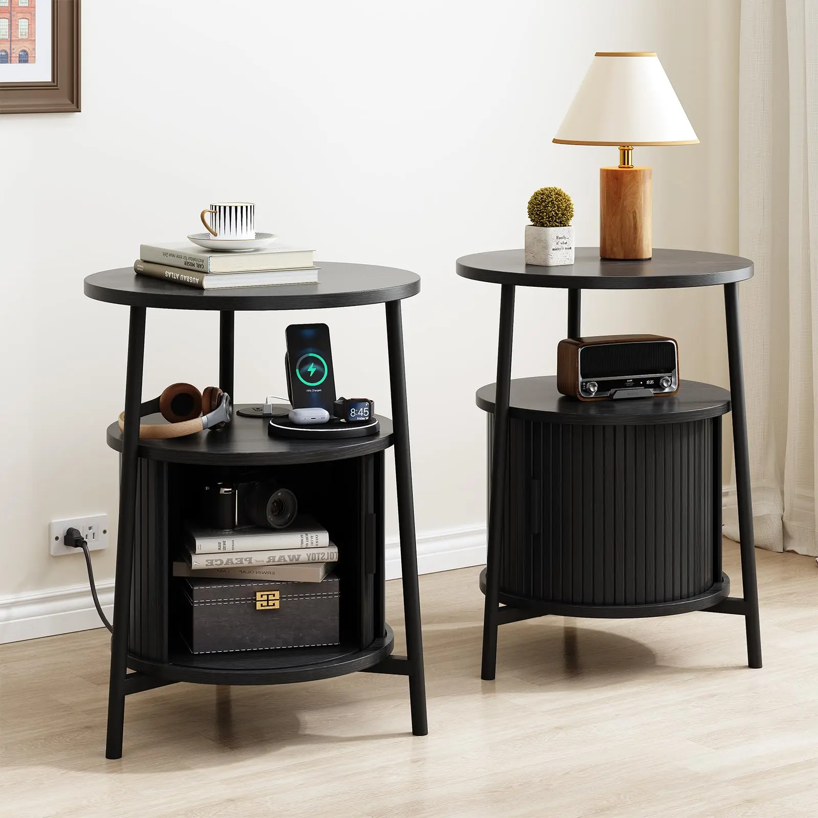 【SummerFinds】ONBRILL Round Side Table with Storage, Fluted Nightstand with Charging Station, Small Mid-Century Modern Bedside Tables, Walnut End Tables for Small Space Living Room Bedroom Sofa Couch