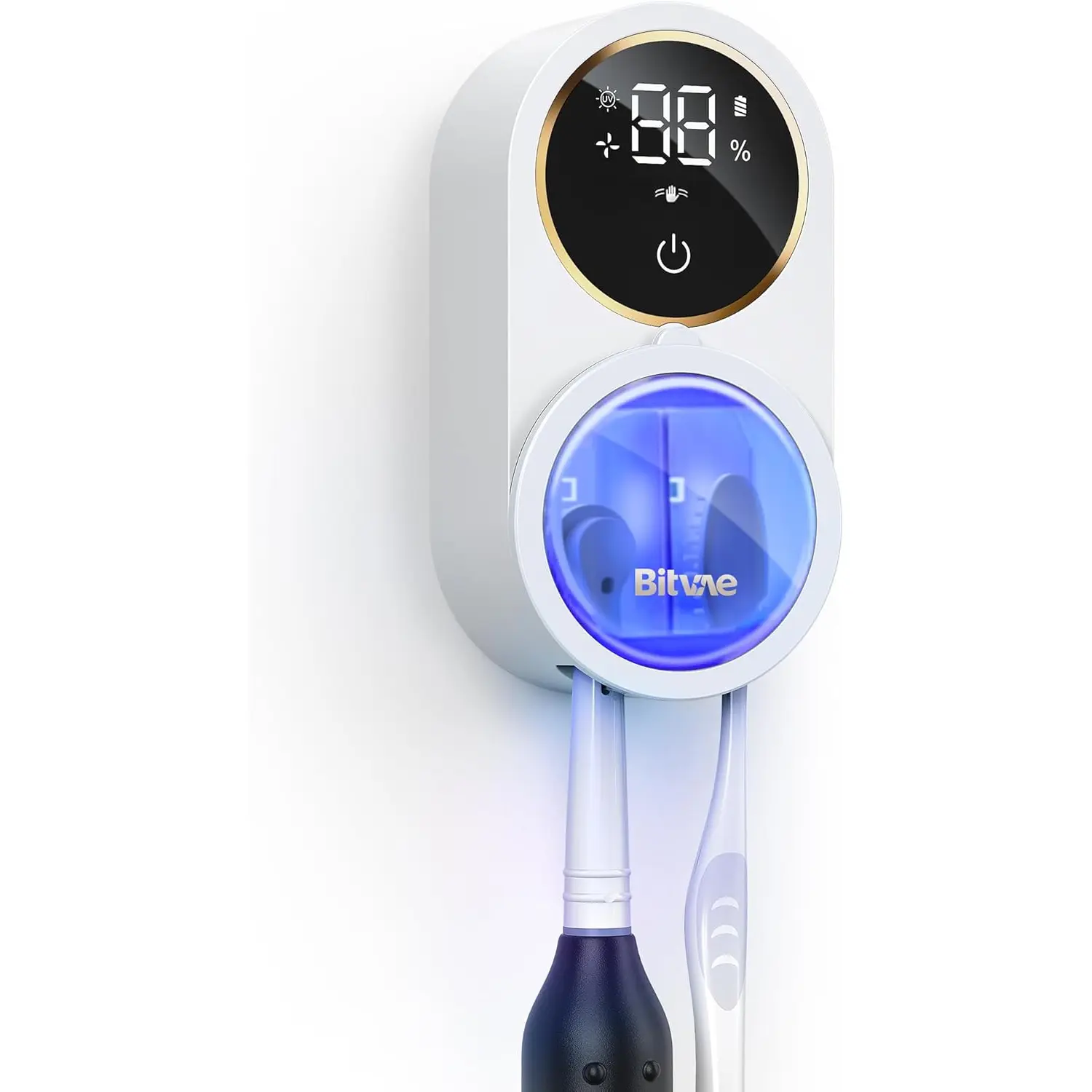 Bitvae Upgraded Tooth Brush Holder for Bathroom 2.0, Infrared Sensing Toothbrush Cleaner, Wall-Mounted for Most Size Toothbrushes, Air Drying, LED Smart Screen, White Gold Trim