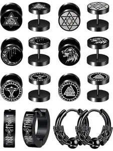 8 Pairs Mens Earrings Studs Stainless Steel Viking Hoop Earrings Fake Gauges Earrings Classic Black Stud Earrings Norse Viking Jewellery Stud Earrings Jewelry