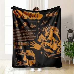MF DOOM themed fleece blanket featuring iconic villainous mask print super soft comfortable durable perfect for music fans hiphop enthusiasts collectors living room decor man cave dormitory thoughtful gift for birthdays holidays. summerwins