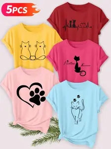 5Pcs Women's Crew Neck T-Shirts, Cat ECG & Paw Print Set, Multiple Colors Available, Machine Washable, Spring & Summer Tops, Soft Skin-Friendly Fabric, Daily Versatile, Fashion Design