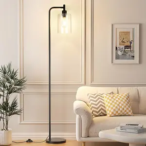 Industrial Floor Lamp with Glass Shade - Black, LED Bulbs, Foot Pedal , Easy Assembly