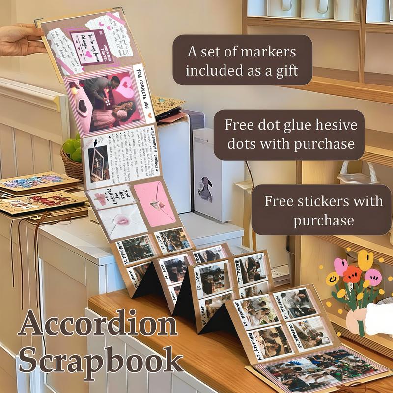 99+ Inch Accordion Foldable Scrapbook Album - Preserves Memories, for Weddings, Travel, Lovers, Friends, Graduation, Anniversary, Family | DIY Craft Kit with Markers, Stickers, Dot Glue & Gift Bag