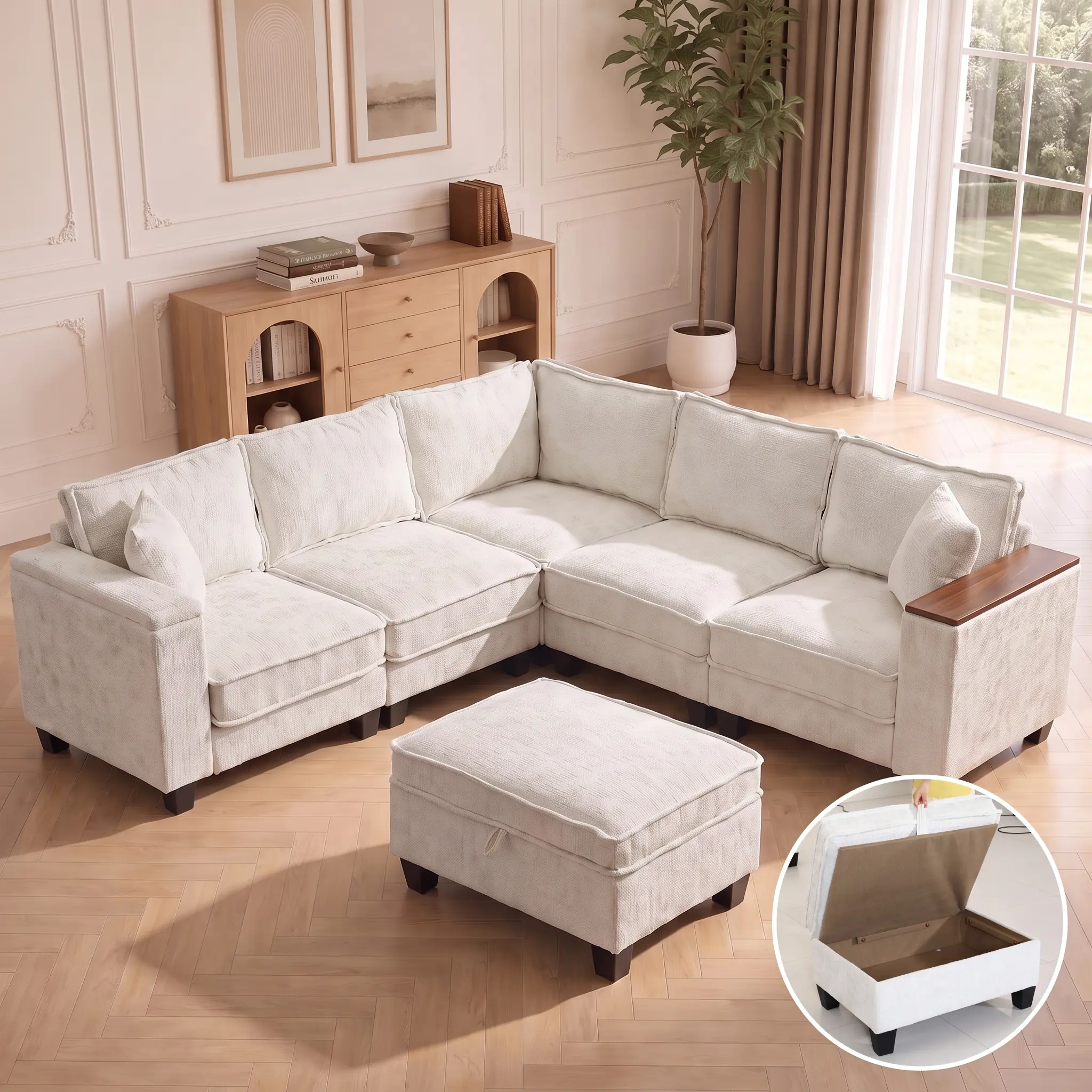 97" L/V-Shaped Modern Sofa with Storage Ottoman & Chaise,Modular Sectional Cloud Couch, Sofa Set with Flexible Configuration,Convertible Corner Couch, Comfy Chenille Deep Seat Sofa Bed with 2 Pillows for Living Room, Bedroom and Apartment, 5-Seater