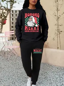 Women's Christmas Themed Sweatshirt & Pocket Sweatpants Set, Casual Drop Shoulder Long Sleeve Pullover & Jogger Pants, Ladies Two-piece Outfits for Daily Wear