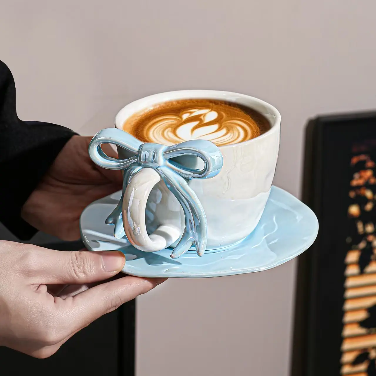 Iridescent 3D Bow Ceramic Coffee Mug - Dimensional Ribbon Pearl Glaze Stoneware Cup Coquette Aesthetic Drinkware for Latte Tea Home Office Gift for Her