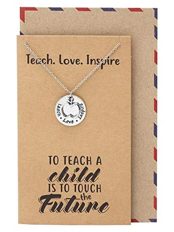 Quan Jewelry Engraved Apple Pendant Teacher Necklace with Teach Love Inspire Inscription Graduation Jewelry Teachers Gifts for Women with Inspirational Quote on Greeting Card, Adjustable Chain 16" to 18"