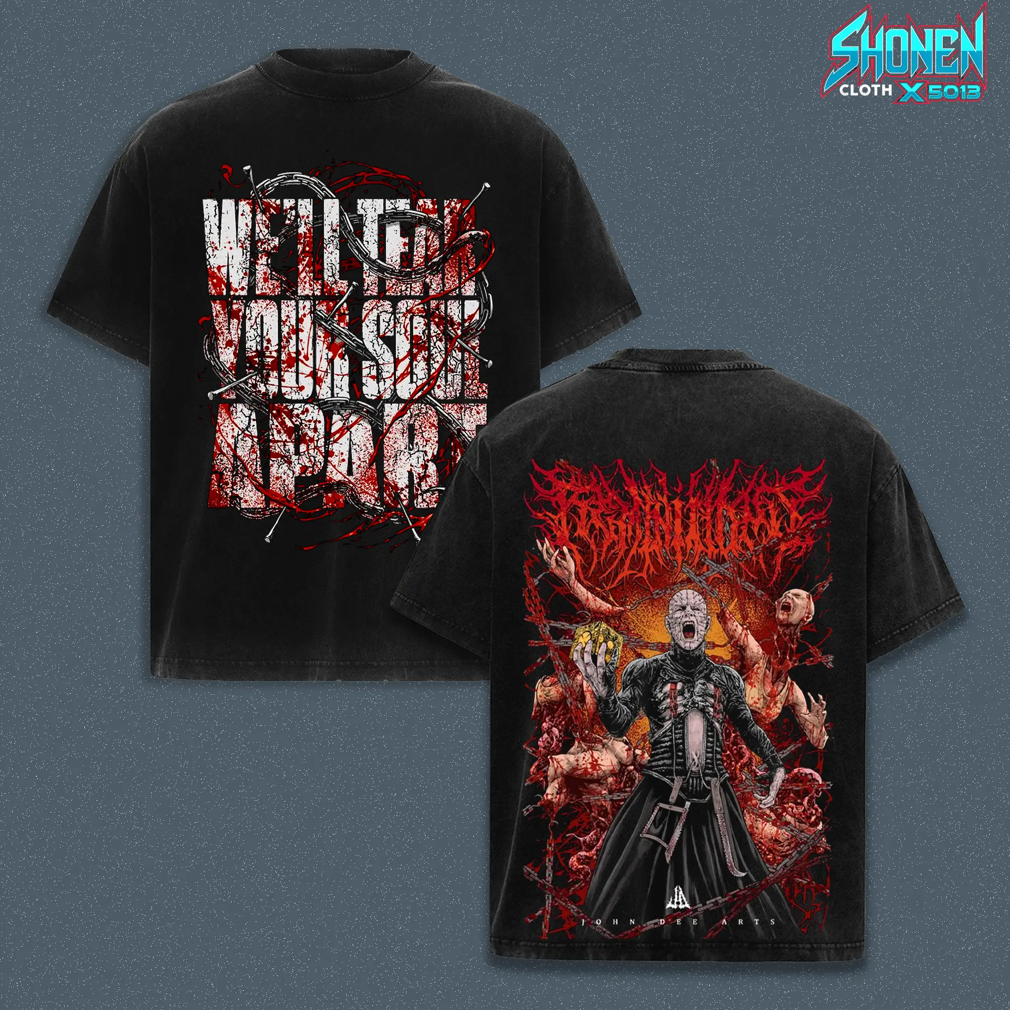 Hellraiser Pinhead We'll Tear Your Soul Apart Ashes Wash Heavyweight Blank, Horror Movie Cenobite Graphic Boxy Fit Top, Smoked Charcoal Streetwear Aesthetic, Gothic Merch