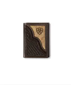 Ariat Men’s Trifold Genuine Leather Wallet - Chocolate Leather Body with Calf Overlay, Embossed Shield Logo, Card Slots, Men’s Western Accessories, Western Wallets
