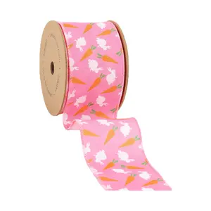 2 1/2" Wired Ribbon | Bright Pink w/ Bunny and Carrots | 10 Yard Roll Spring decor Easter Day decor Valentine’s Day decor wrapping gifts
