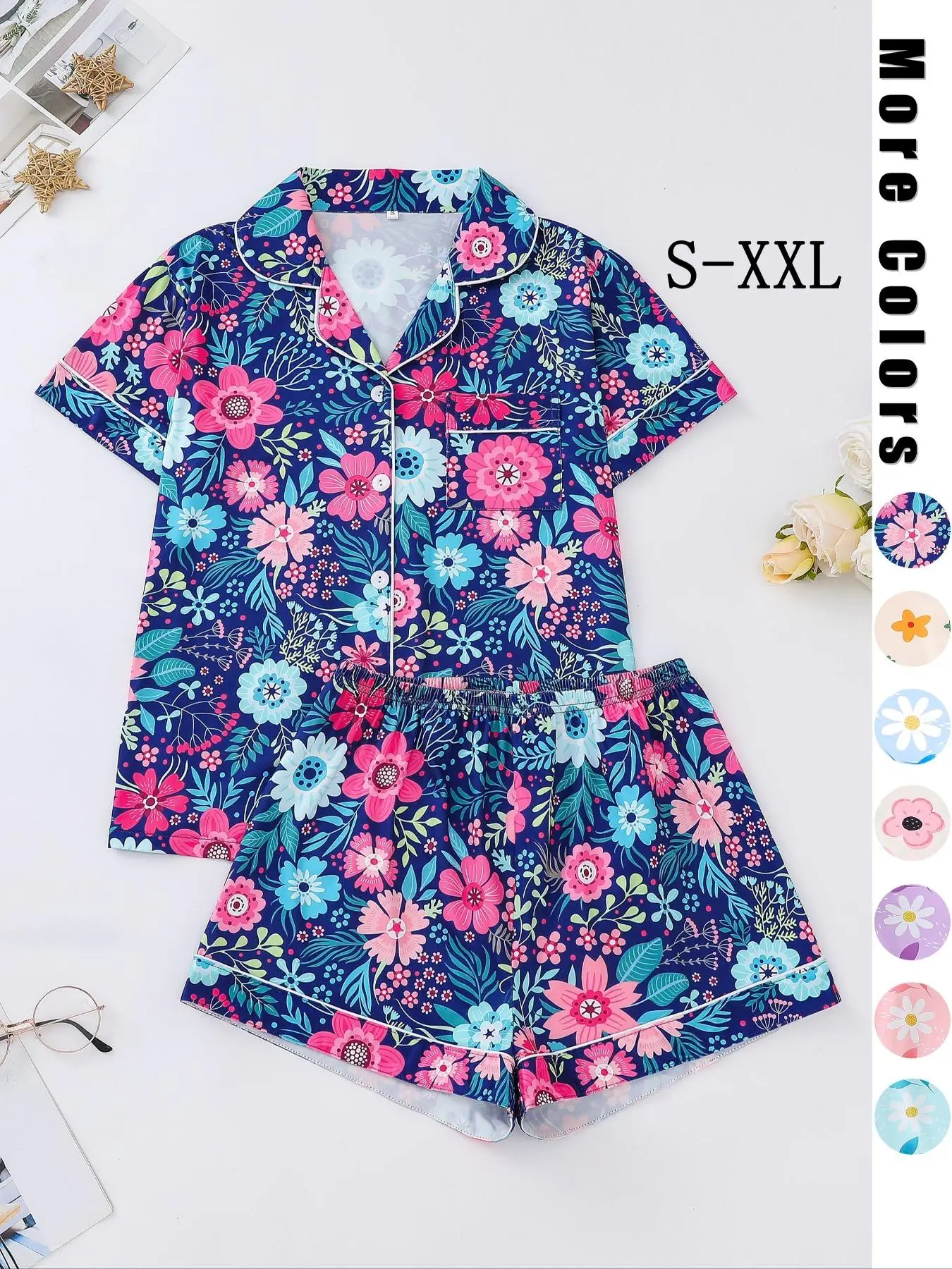Two-Piece Set Women's Floral Print Button Front Sleep Shirt & Elastic Waist Shorts Pyjama Set, Casual Contrast Binding Pocket Lapel Top & Shorts PJ Se