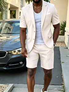 Men's 2-Piece Set Short Sleeve Blazer and Shorts, Casual Fashion, Ideal Gift for Male Friends, Spring & Fall Wear