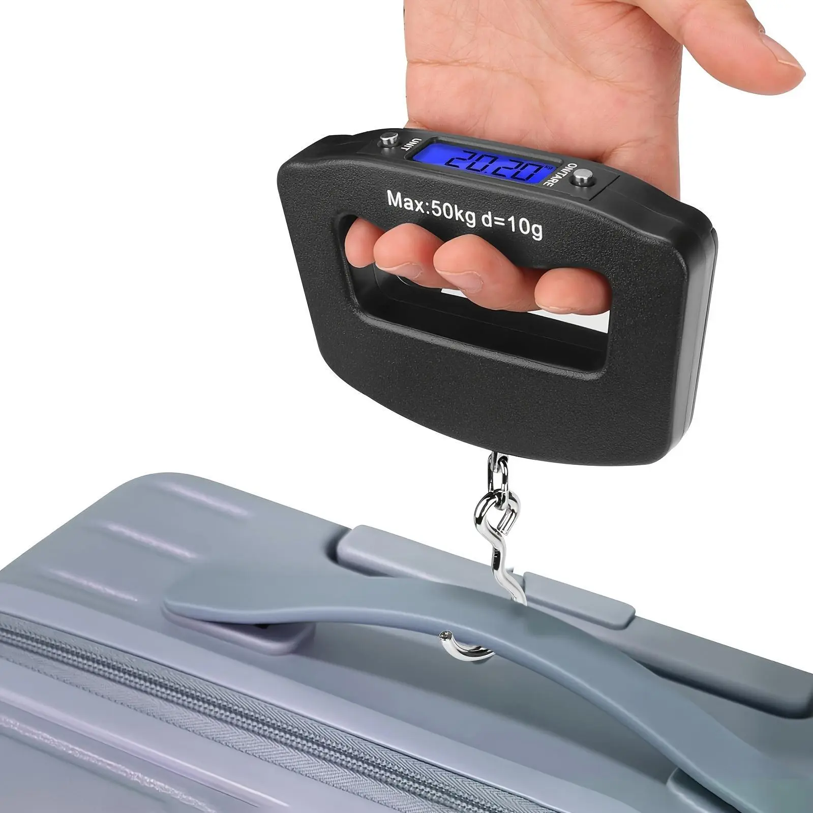 1 Handheld Luggage and Car Scale with Backlit LCD Digital Display | Portable Hanging Scale, 0.1/50kg/110lb Capacity, Mini Electronic Scale, Suitable for Travel, Car Beauty, Luggage and Weight Measurement (Excluding Battery)