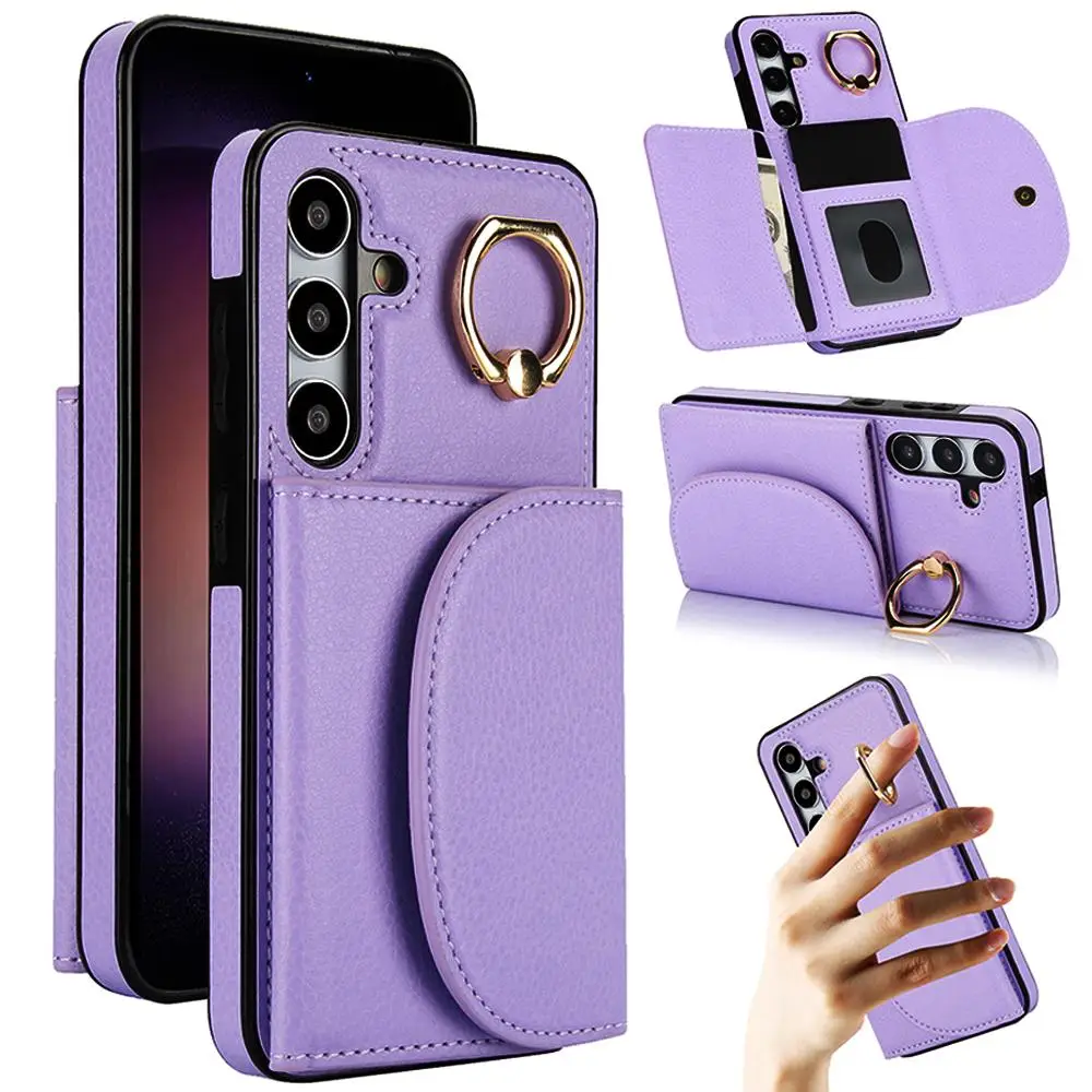 Solid Color Wallet Phone Case, 1 Count PU Leather Phone Protective Cover with Ring Holder & Card Slot, Phone Accessories Compatible with Samsung Galax