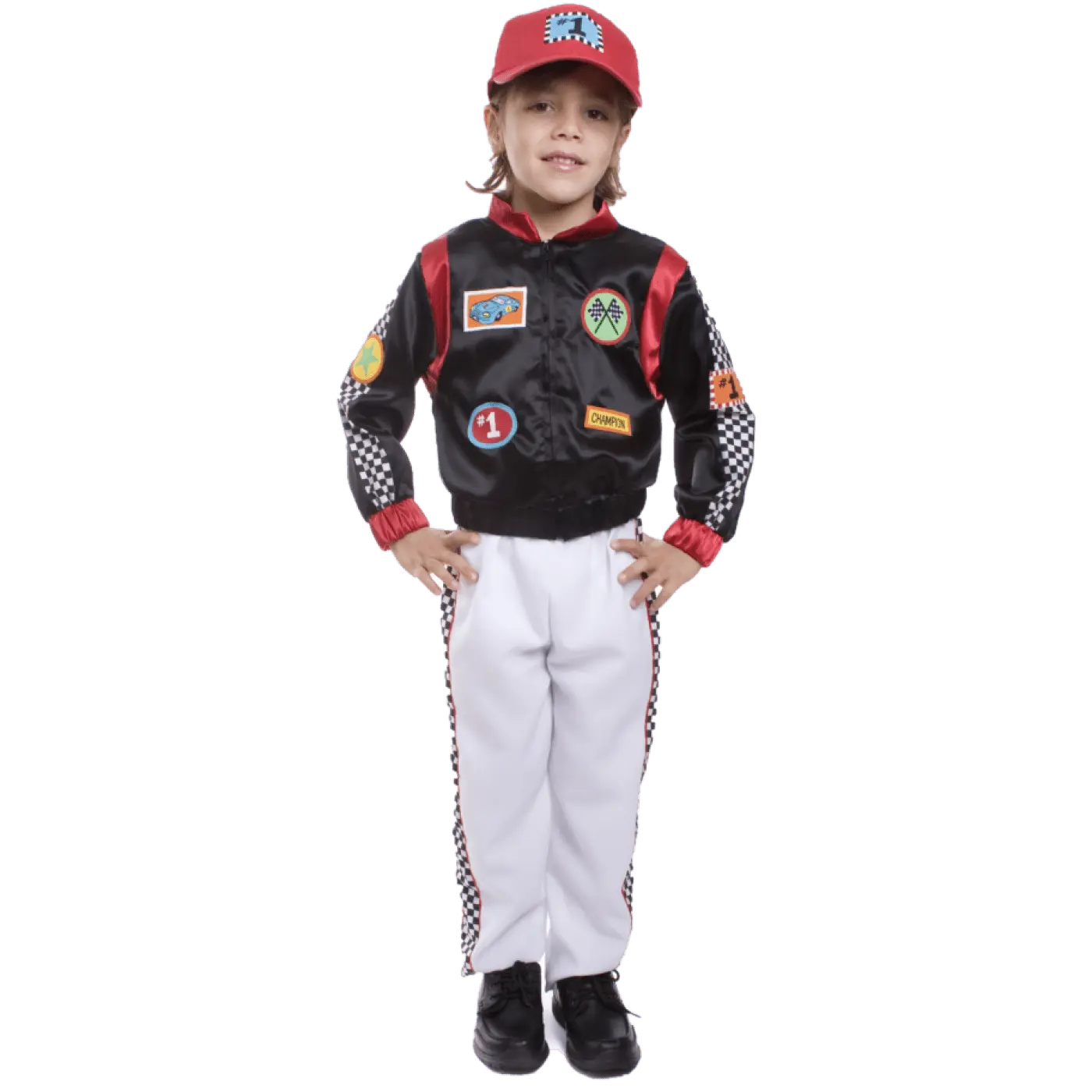 Race Car Driver Costume Dress For Kids - Black Shiny Long Sleeves Jacket, Pants & Red Cap - Boys Costume For Halloween, Role Play, Pretend Play Fun, Theme Party & Cosplay
