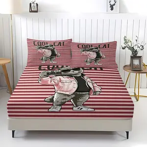 Striped trendy cat pattern printed bed sheet, including 1 bed sheet and 2 pillowcases, anti slip dust cover suitable for bedrooms and guest rooms, suitable for personal use or gift giving