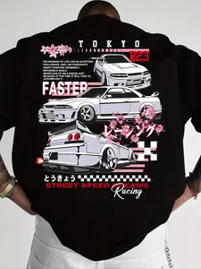 Men's Casual Car, Letter & Graphic Print Round Neck Short Sleeve T-Shirt, Street Style Streetwear Summer Top, Fitted Medium Fabric, Daily Wear Fashion Menswear