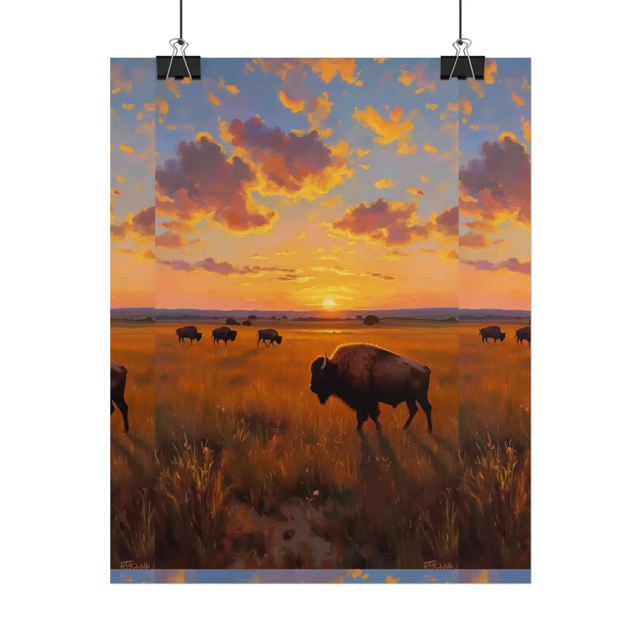 Oklahoma Bison Sunset Wall Art, Prairie Landscape Print, Western Home Decor, Golden Hour Bison Painting, Cabin Art, Oklahoma Gift Unframed