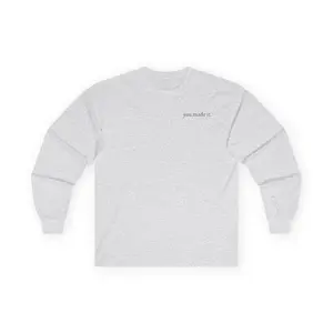 “thank you for being here.”  Long sleeve 100% cotton sweater