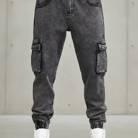 Men's Solid Flap-Pocket, Regular Fit Cargos Jeans Denim Trousers for Daily Wear, Men's Bottoms for All Seasons