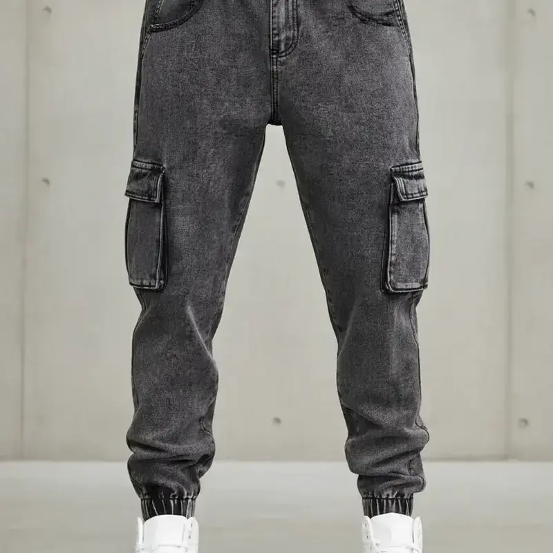 Men's Solid Flap-Pocket, Regular Fit Cargos Jeans Denim Trousers for Daily Wear, Men's Bottoms for All Seasons