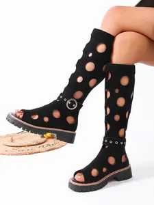 Thick Sole High-Top Sandals, Hollow Round Hole Design & Side Zipper, Stylish Summer Footwear for Women