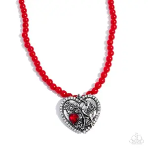 Heartfelt Hummingbird - Red Beaded Necklace with Silver Heart Pendant and Red Gemstone