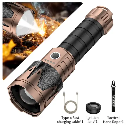 SKYFIRE 2000J Lucky Totem Heavy-Duty Aluminum Super Bright Flashlight - Adjustable Torch, Handheld Emergency Light, 5 Light Modes, Moonlight Illumination, Safe Ignition, SOS Function, IPX4 Waterproof, Flashlight Battery Powered for Camping#sohochic