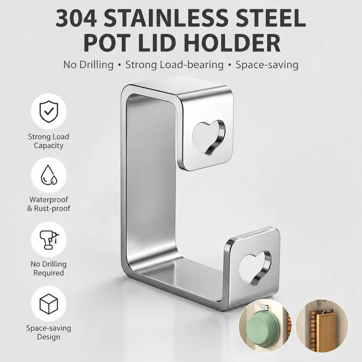 Smooth SUS304 Stainless Steel Wall Mount Organiser - Single Unit No-Drill Hanger for Wash Basin, Cutting Board, Bathroom/Kitchen Use by Home Users