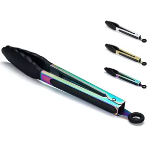 Kitchen Tongs for Cooking Grill & BBQ, Stainless Steel 9" Cooking Tongs Heat Resistant Handle Non Slip, Kitchen Tongs with Silicon Tips for Salad,Ice,Fry, Serving,Oven.(Rainbow) Silicone Utensils