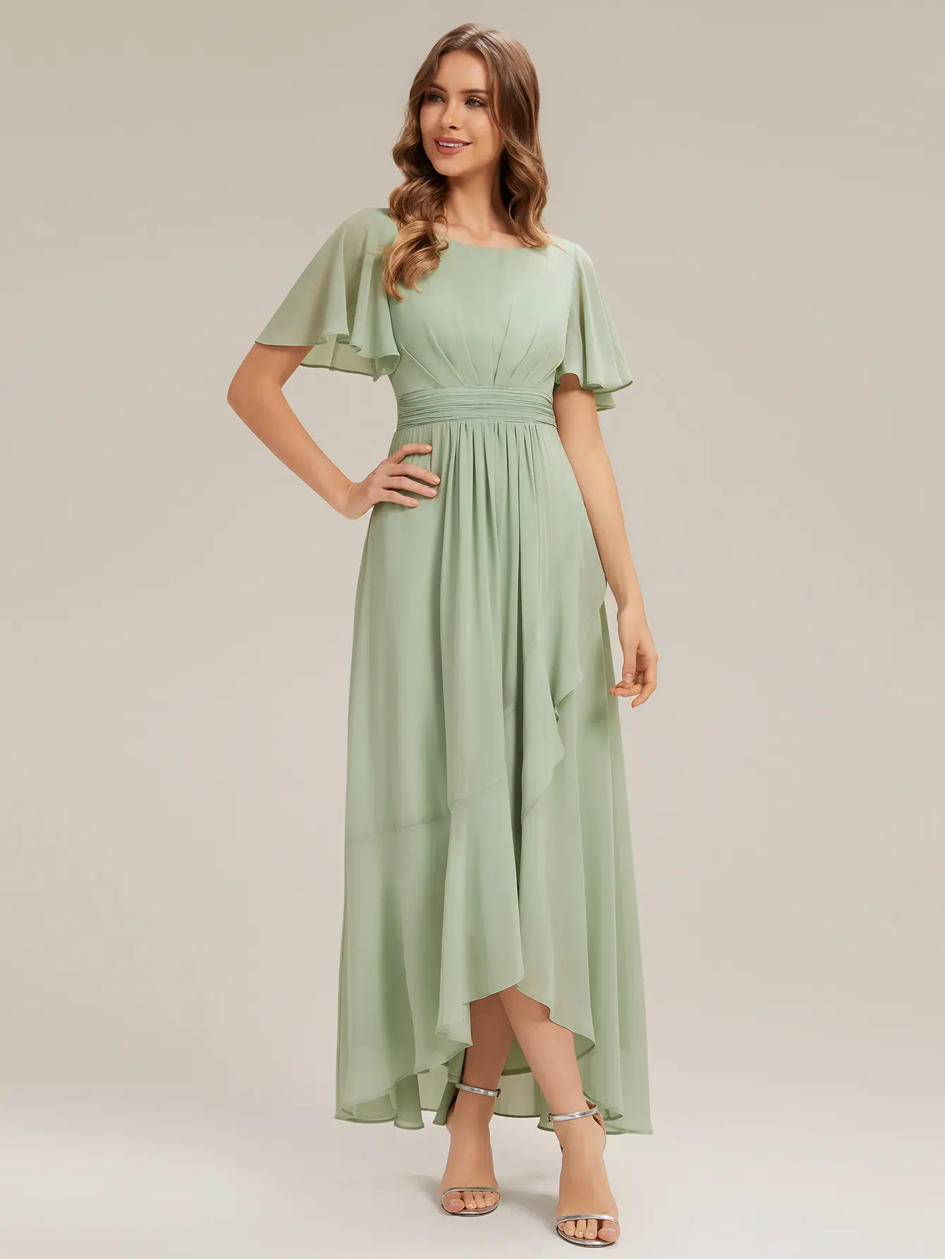 Ever-Pretty 2026 New Trend Chiffon Ruffle Short Sleeve Wedding Guest Dress – Flowy High-Low Hem & Asymmetric Skirt for Garden Party & Date Night ES02708