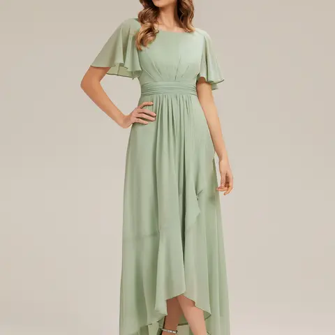 Ever-Pretty 2026 New Trend Women's Elegant Chiffon Ruffle Short-Sleeve Formal Dress - Flowy High-Low Hem, Asymmetrical Skirt, Garden Party Option ES02708 (Wedding Guest, Formal, Elegant Styles for Women), Wedding Guest Dresses, Formal Dresses For Women