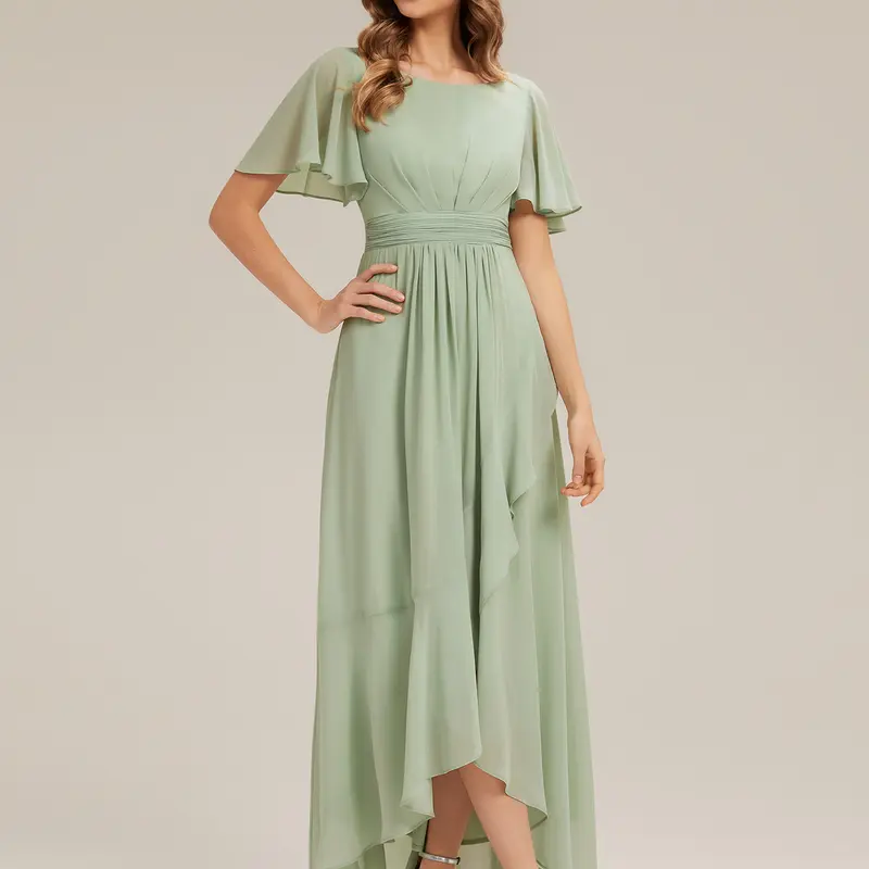 Ever-Pretty 2026 New Trend Women's Elegant Chiffon Ruffle Short-Sleeve Formal Dress - Flowy High-Low Hem, Asymmetrical Skirt, Garden Party Option ES02708 (Wedding Guest, Formal, Elegant Styles for Women), Wedding Guest Dresses, Formal Dresses For Women