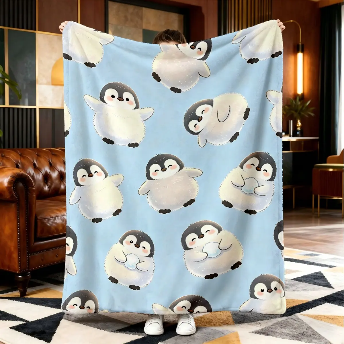Light Blue Cartoon Penguin Print Flannel Blanket, Soft and Comfortable, Ideal for Camping, Travel, Home Decor, Gift