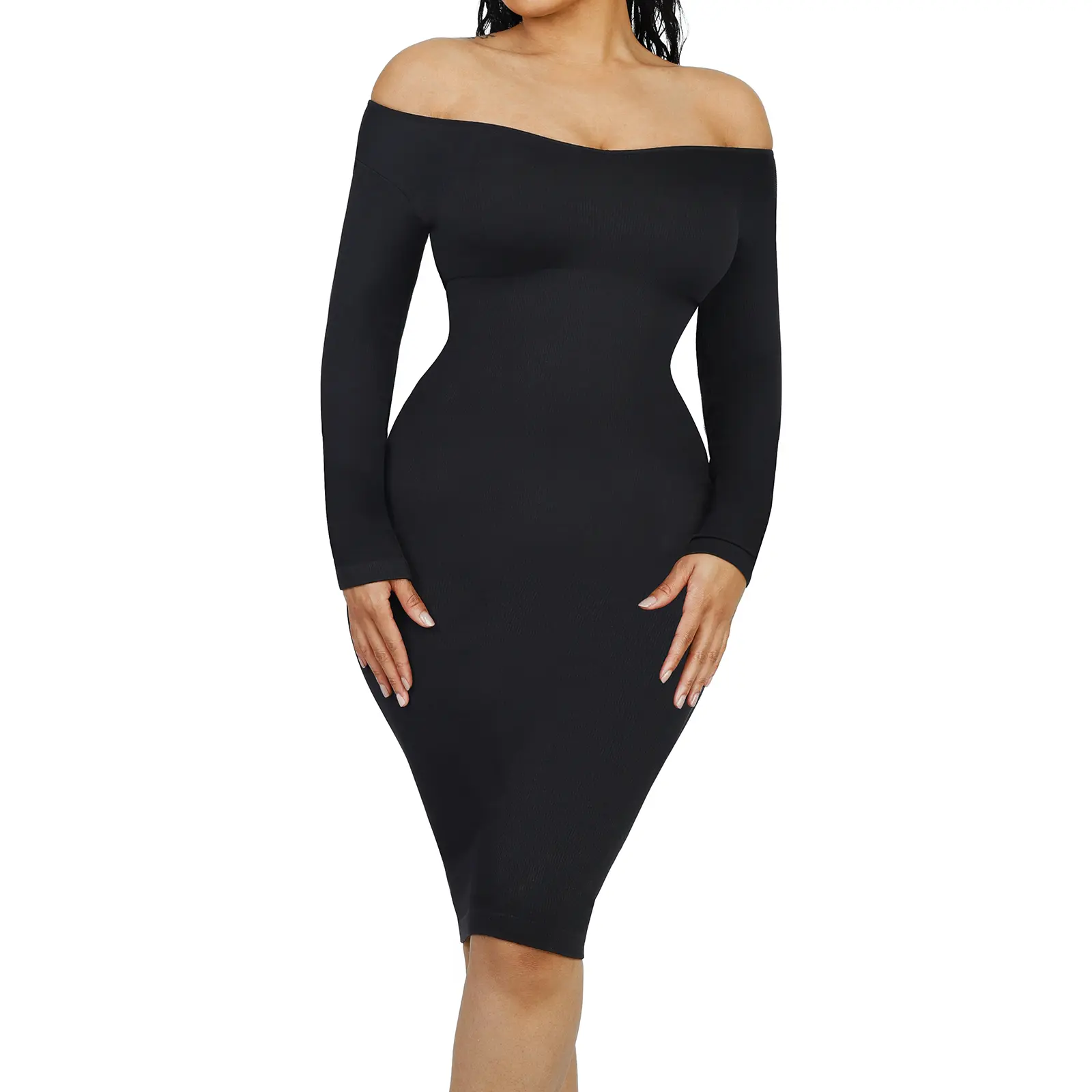 FeelinGirl Bodycon Dress for Women Long Sleeve  V Neck/Off Shoulder  Shapewear Dress Knit Midi Black Dress Elegant Fabric Midi Dress Soft Womenswear