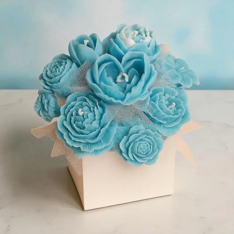 Blue Serenity Candle Bouquet - Elegant Blue Roses in Gift Box for Home Decor and Aromatherapy
