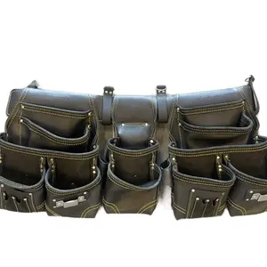 Black Leather Tool Belt for Construction with Multiple Pockets and Secure Fastening Mechanism
