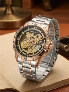 A men's hollow mechanical watch with dual-color metal strap, Roman numerals, trendy and personalized for men, Fashionable wristwatch