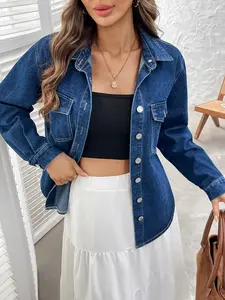 Women's Dark Washed Denim Shirt, Collared Long Sleeve Single Button Denim Top, Loose Fit Casual Jacket, Coats for Lady, Comfortable Daily Wear Womenswear